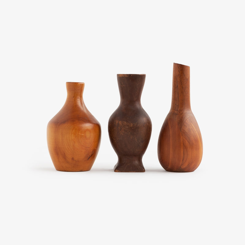 Petite Mid-Century Hand-Carved Wooden Vases - Set of 3