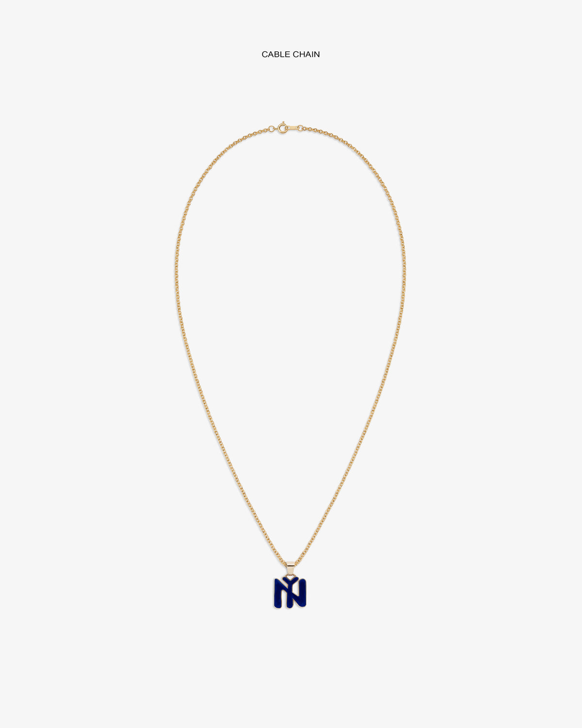 14Kt Gold Pendant: gold cable chain necklace with dark blue letter M charm on a white background.