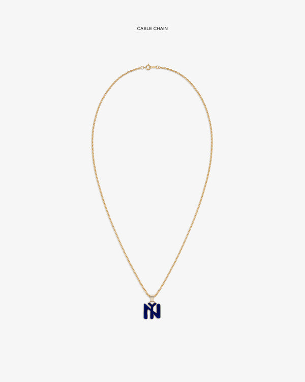 14Kt Gold Pendant: gold cable chain necklace with dark blue letter M charm on a white background.