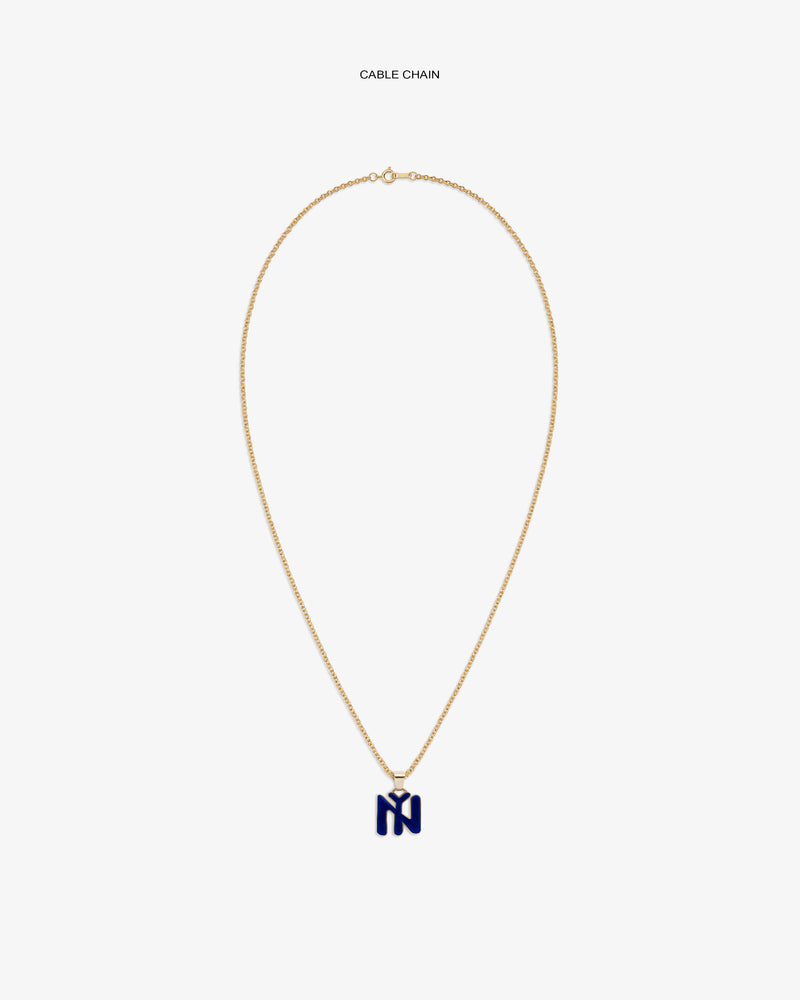 14Kt Gold Pendant: gold cable chain necklace with dark blue letter M charm on a white background.