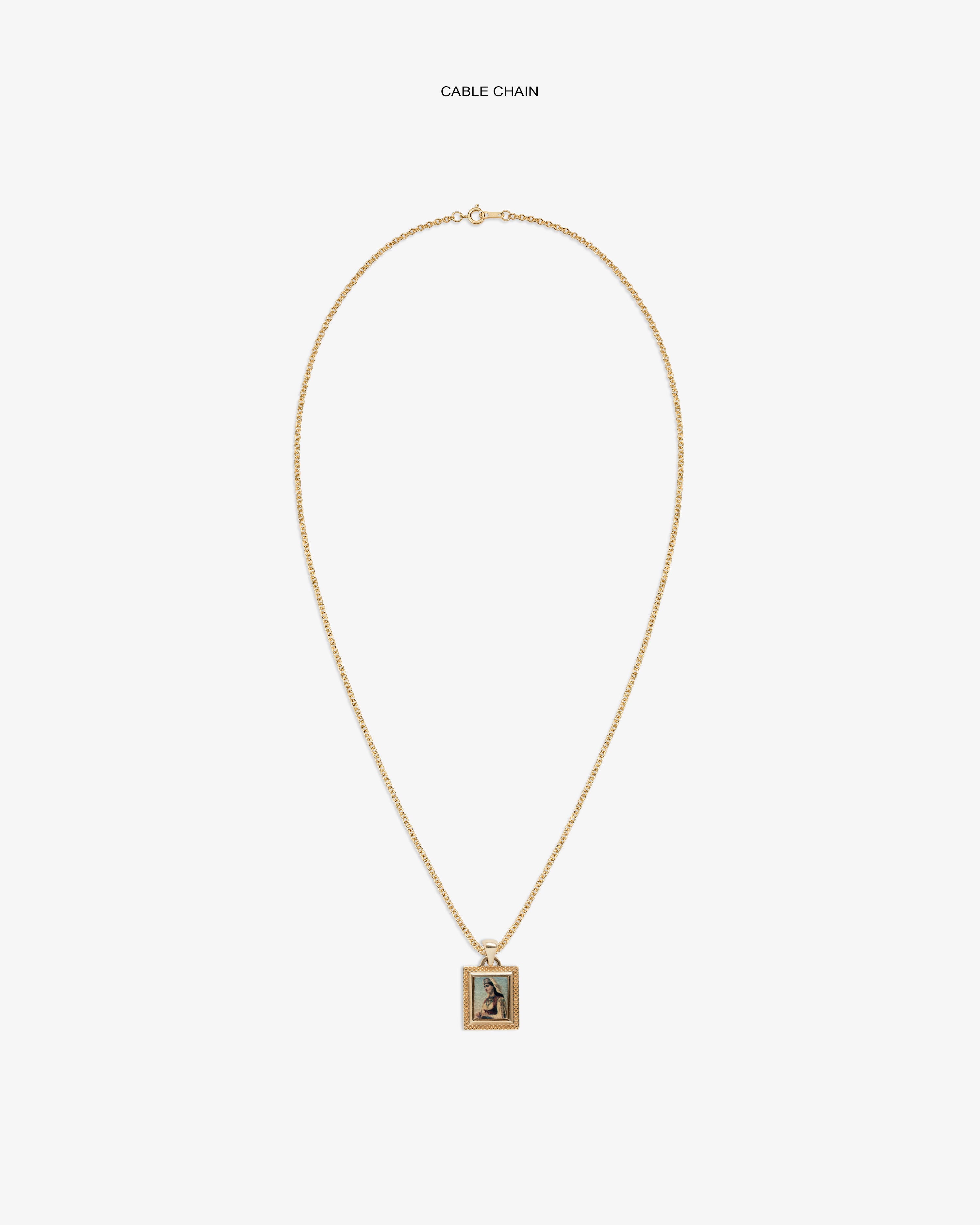 14Kt Gold Pendant: Rectangular engraved pendant on a gold cable chain, shown against a white background.