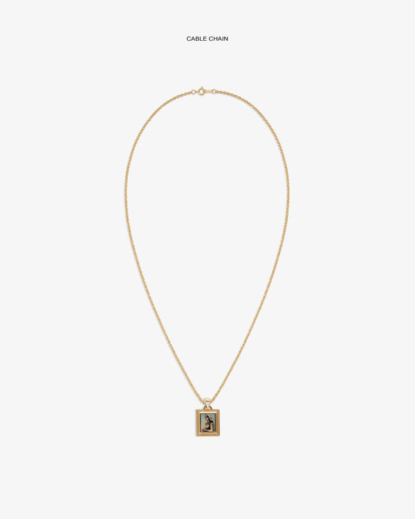 14Kt Gold Pendant: Rectangular engraved pendant on a gold cable chain, shown against a white background.