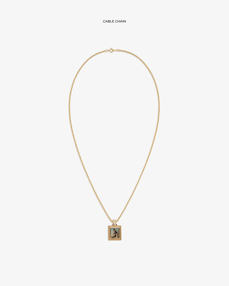 14Kt Gold Pendant: Rectangular engraved pendant on a gold cable chain, shown against a white background.