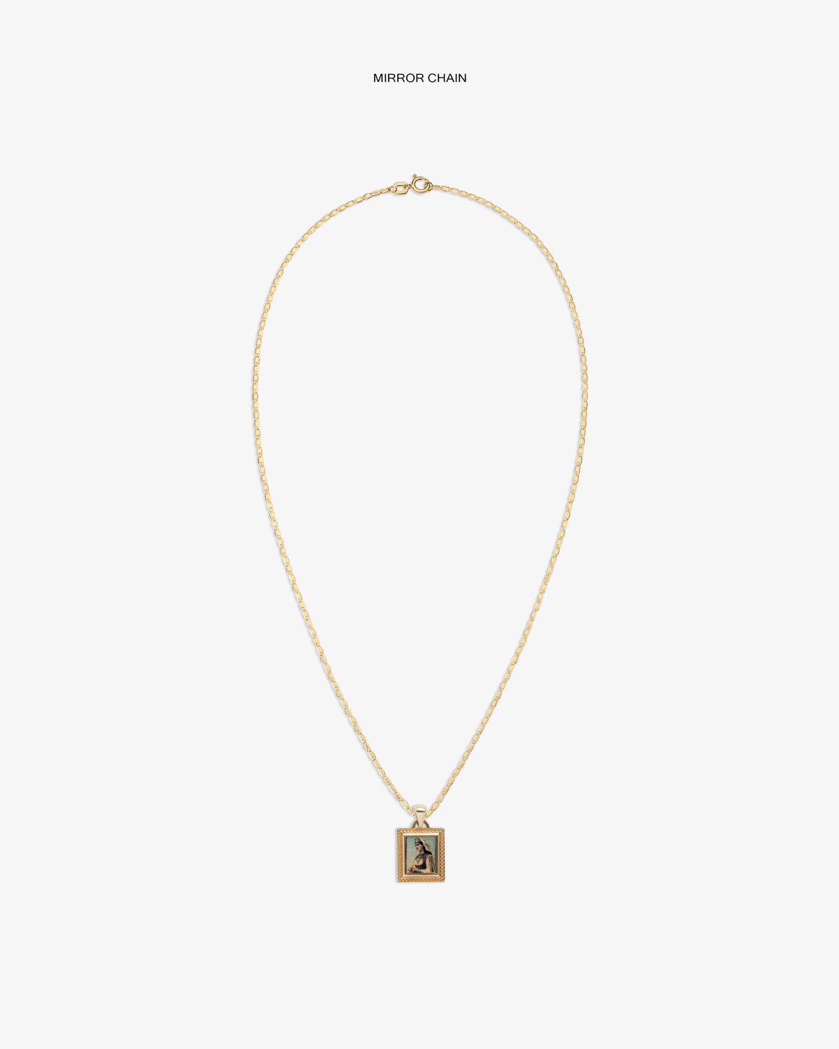 14Kt Gold Pendant: gold chain necklace with rectangular image pendant, shown on a white background.