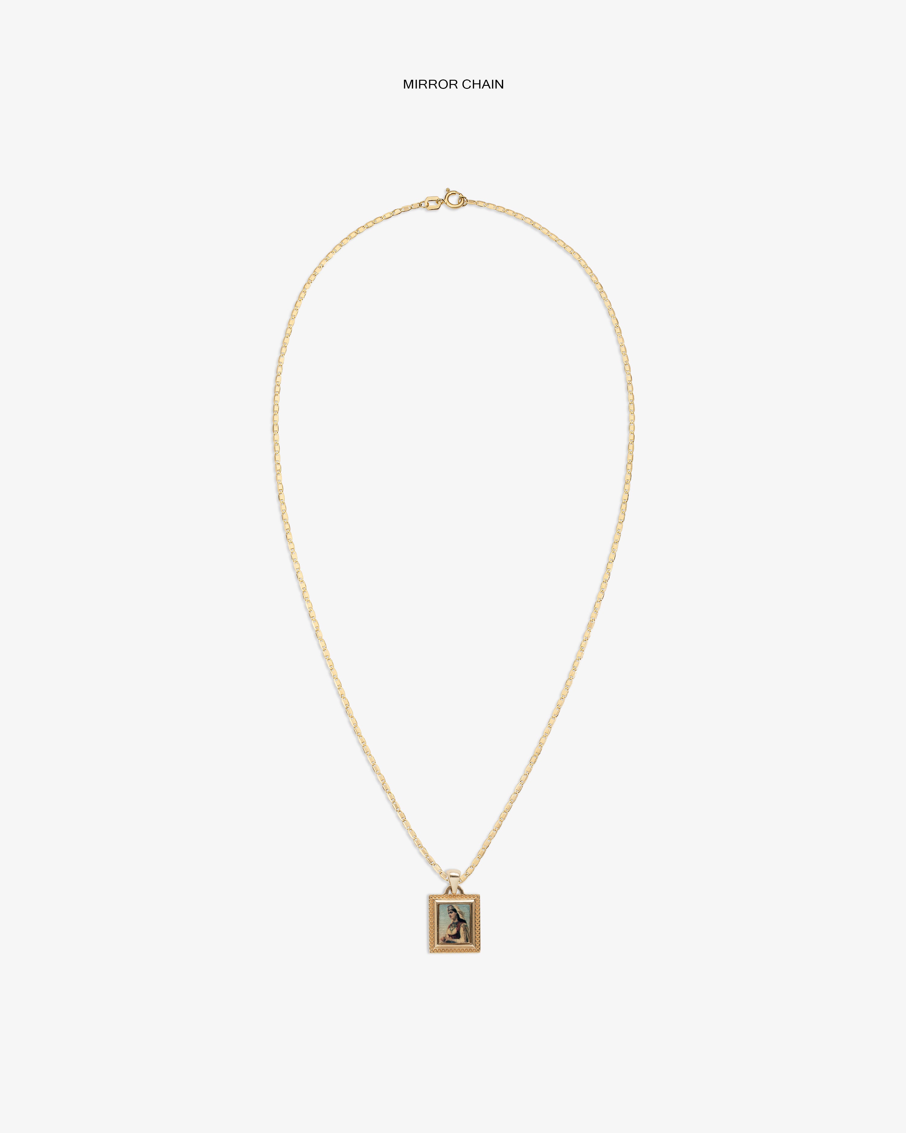 14Kt Gold Pendant: gold chain necklace with rectangular image pendant, shown on a white background.