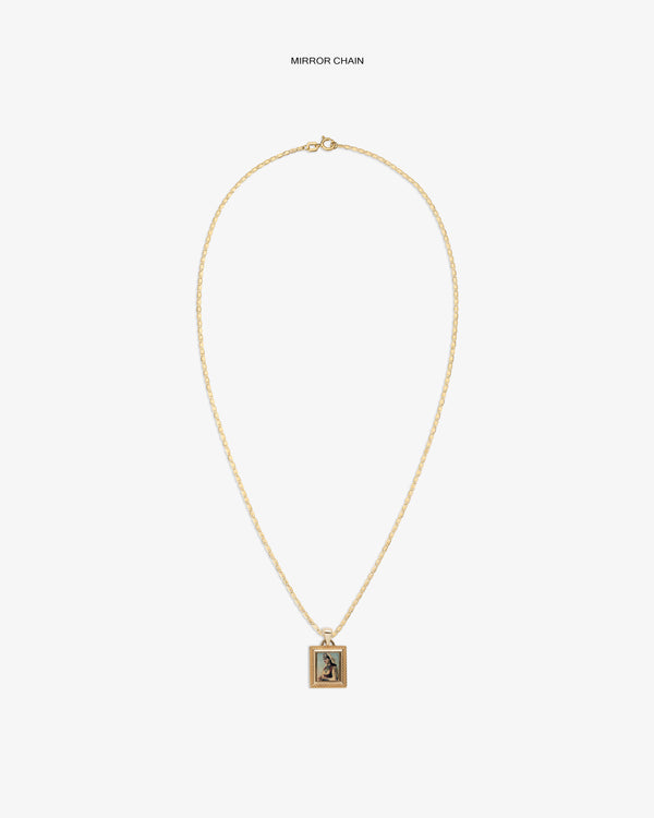 14Kt Gold Pendant: gold chain necklace with rectangular image pendant, shown on a white background.