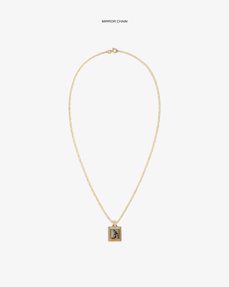 14Kt Gold Pendant: gold chain necklace with rectangular image pendant, shown on a white background.