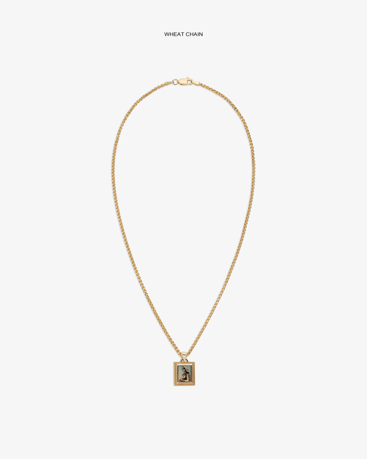 14Kt Gold Pendant: Wheat chain necklace with a rectangular pendant featuring a small center image or design.