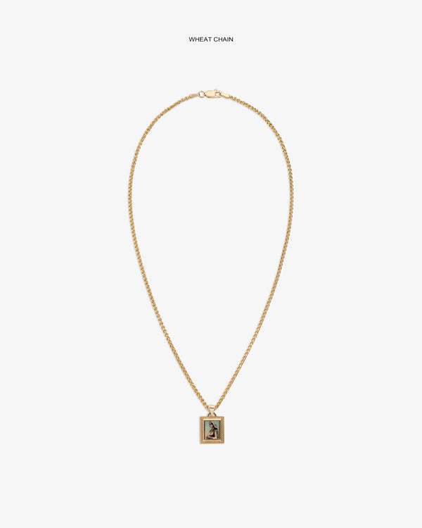 14Kt Gold Pendant: Wheat chain necklace with a rectangular pendant featuring a small center image or design.