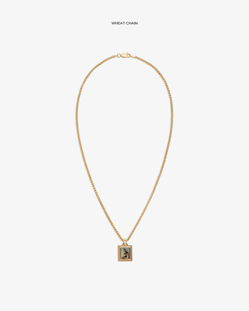 14Kt Gold Pendant: Wheat chain necklace with a rectangular pendant featuring a small center image or design.