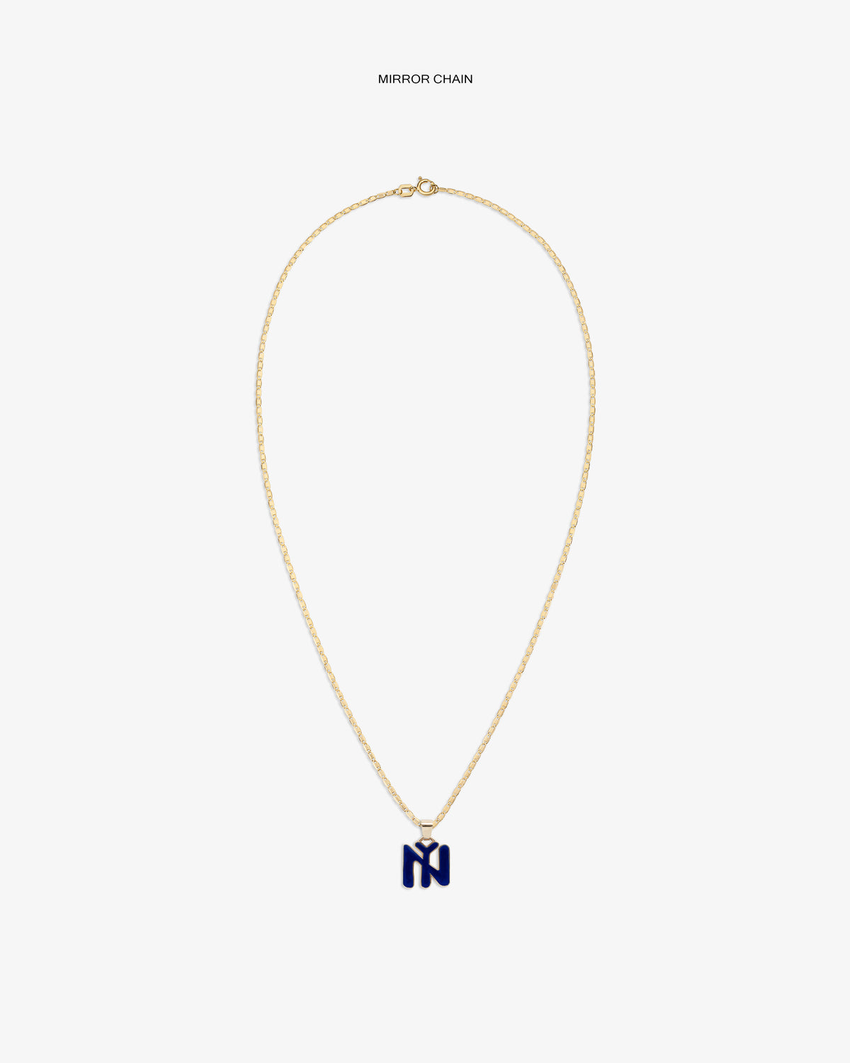 14Kt Gold Pendant: gold chain necklace with abstract blue pendant on a plain white background.