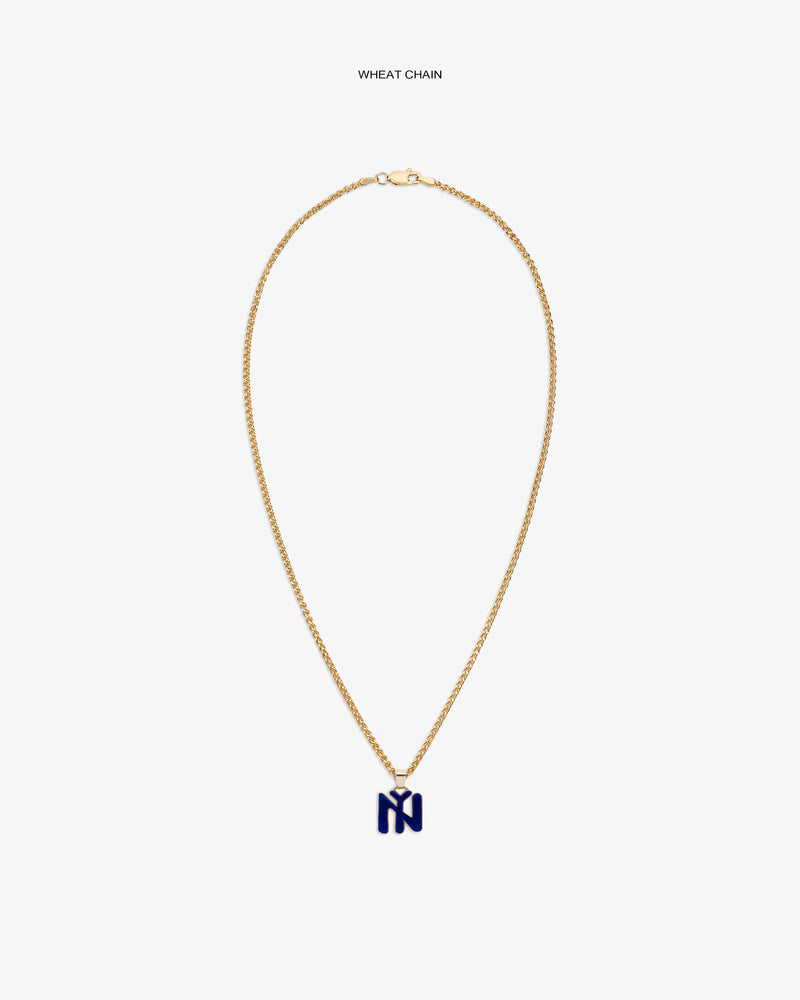 14Kt Gold Pendant: Wheat chain with a blue N-shaped charm on a plain white background.