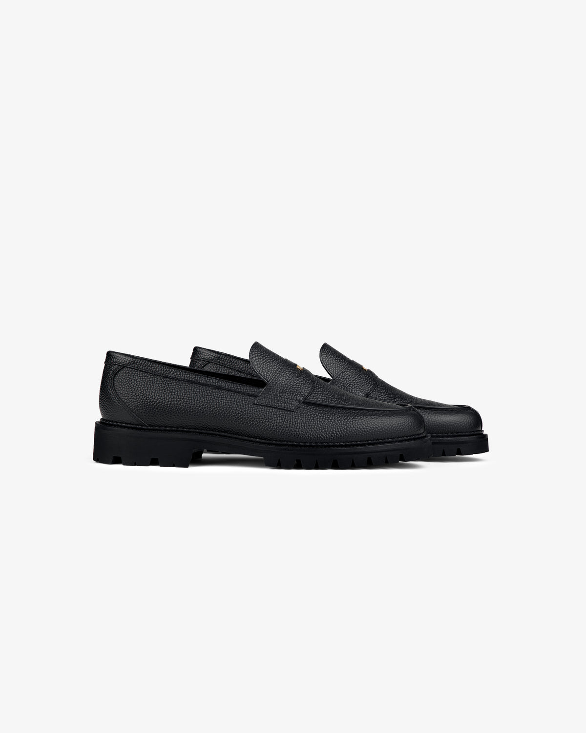 Lug Sole Queens Crest Loafers with textured black leather and chunky soles, shown side by side on a white background.