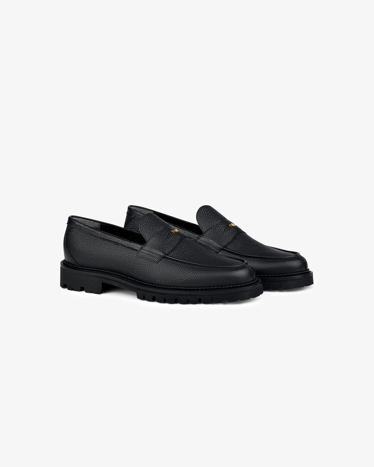 Lug Sole Queens Crest Loafer in black leather with textured finish and thick rubber soles, on a white background.