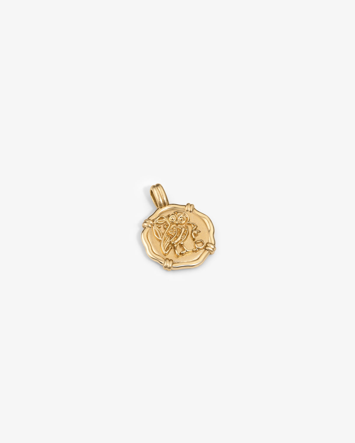 14Kt Gold Coin Pendant featuring an engraved bee on a textured, irregular round surface, shown on white.