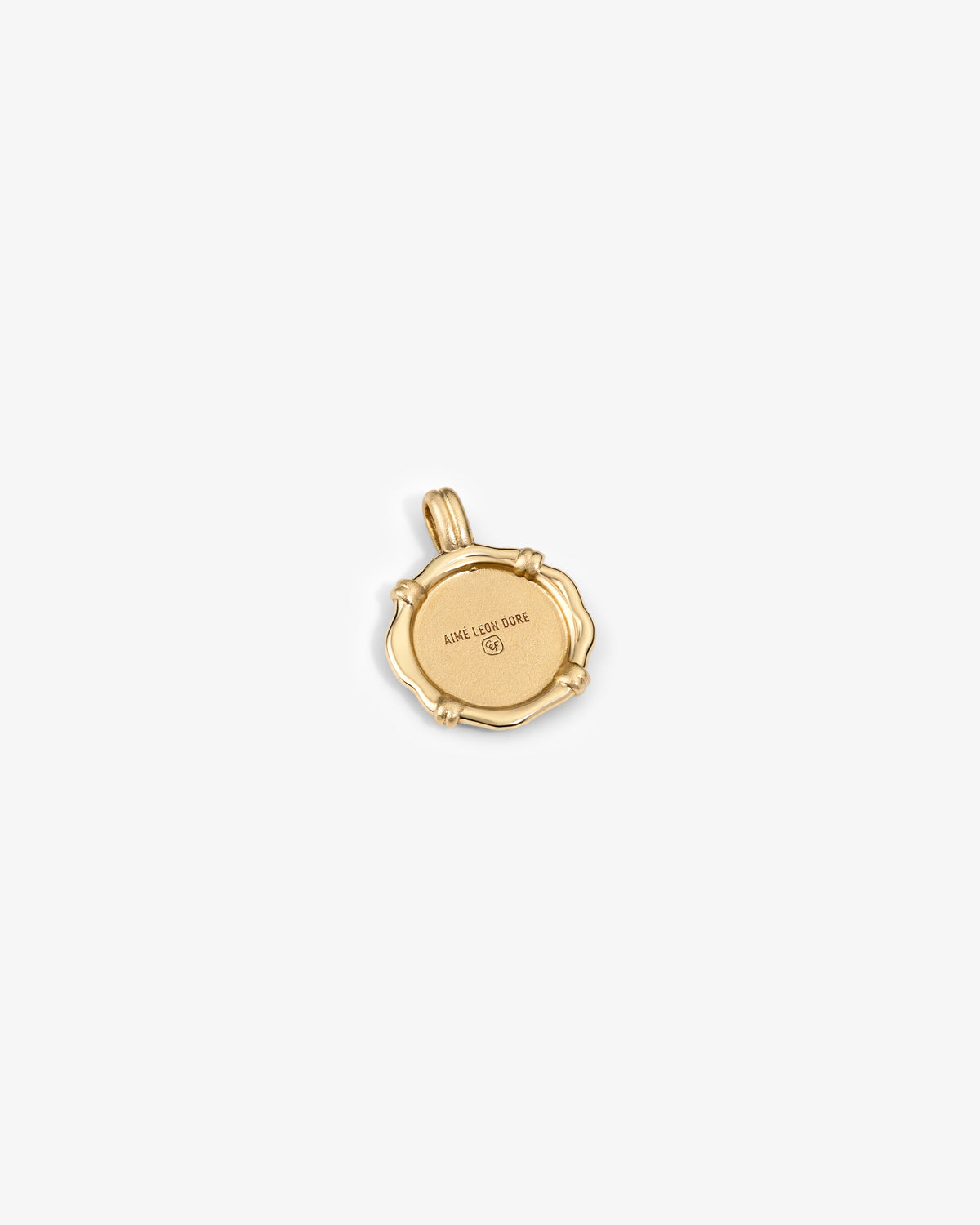 14Kt Gold Coin Pendant with scalloped edges engraved with AWL LUCK GUIDE on a plain white background.