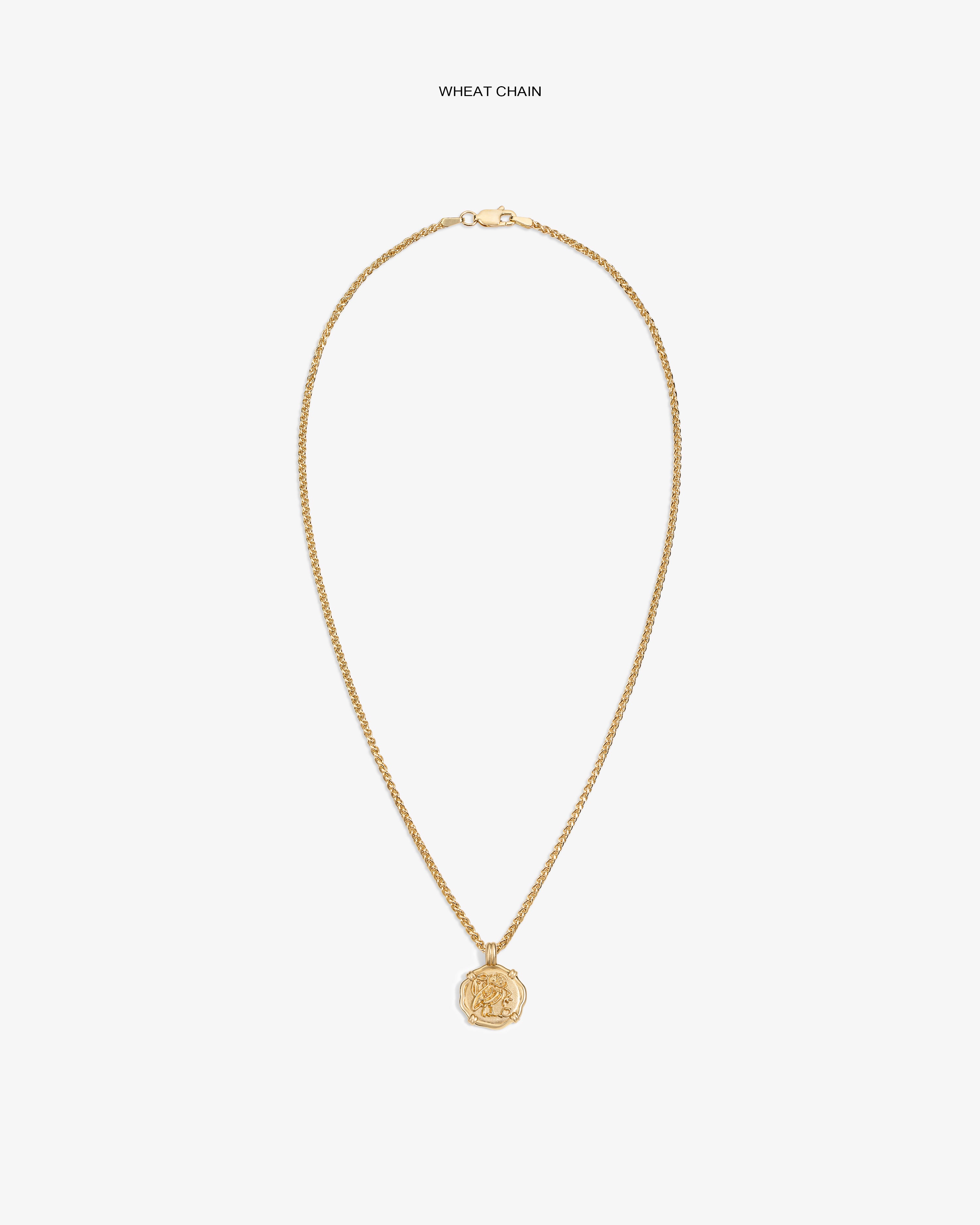 14Kt Gold Coin Pendant on a wheat chain shown against a white background.