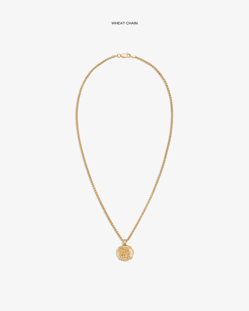 14Kt Gold Coin Pendant on a wheat chain shown against a white background.
