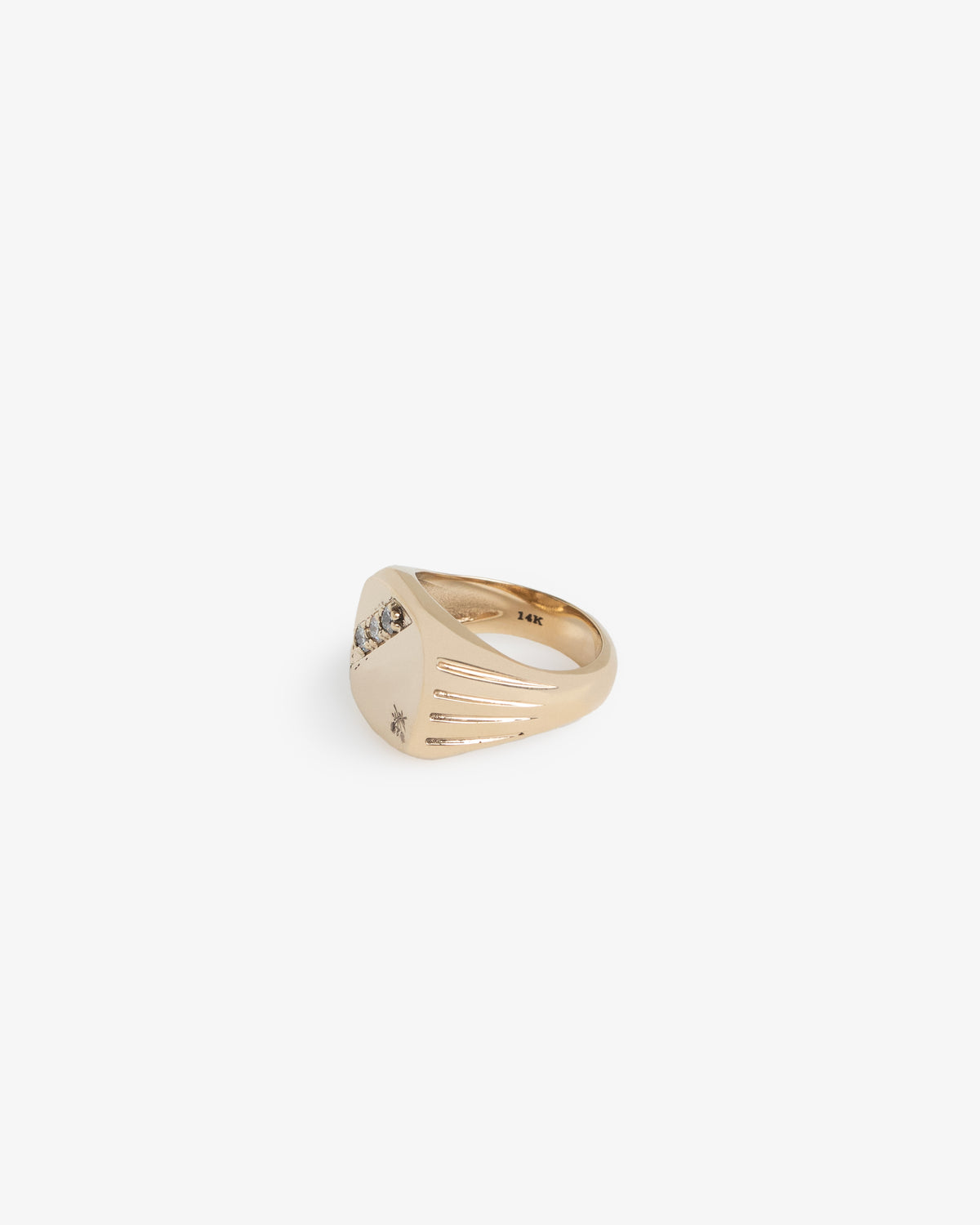 14Kt Gold Diamond Signet Ring featuring engraved lines, shown on a plain white background.