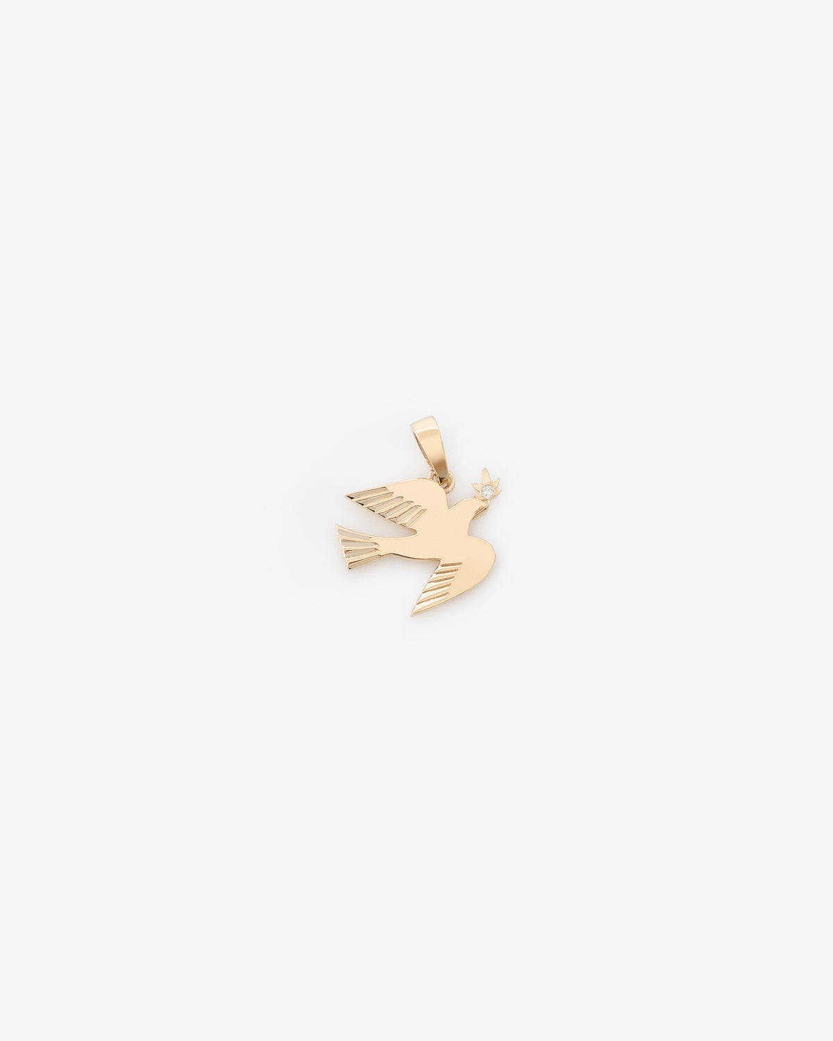 14Kt Gold Dove Pendant with a cut-out design holding an olive branch, shown on a plain white background.