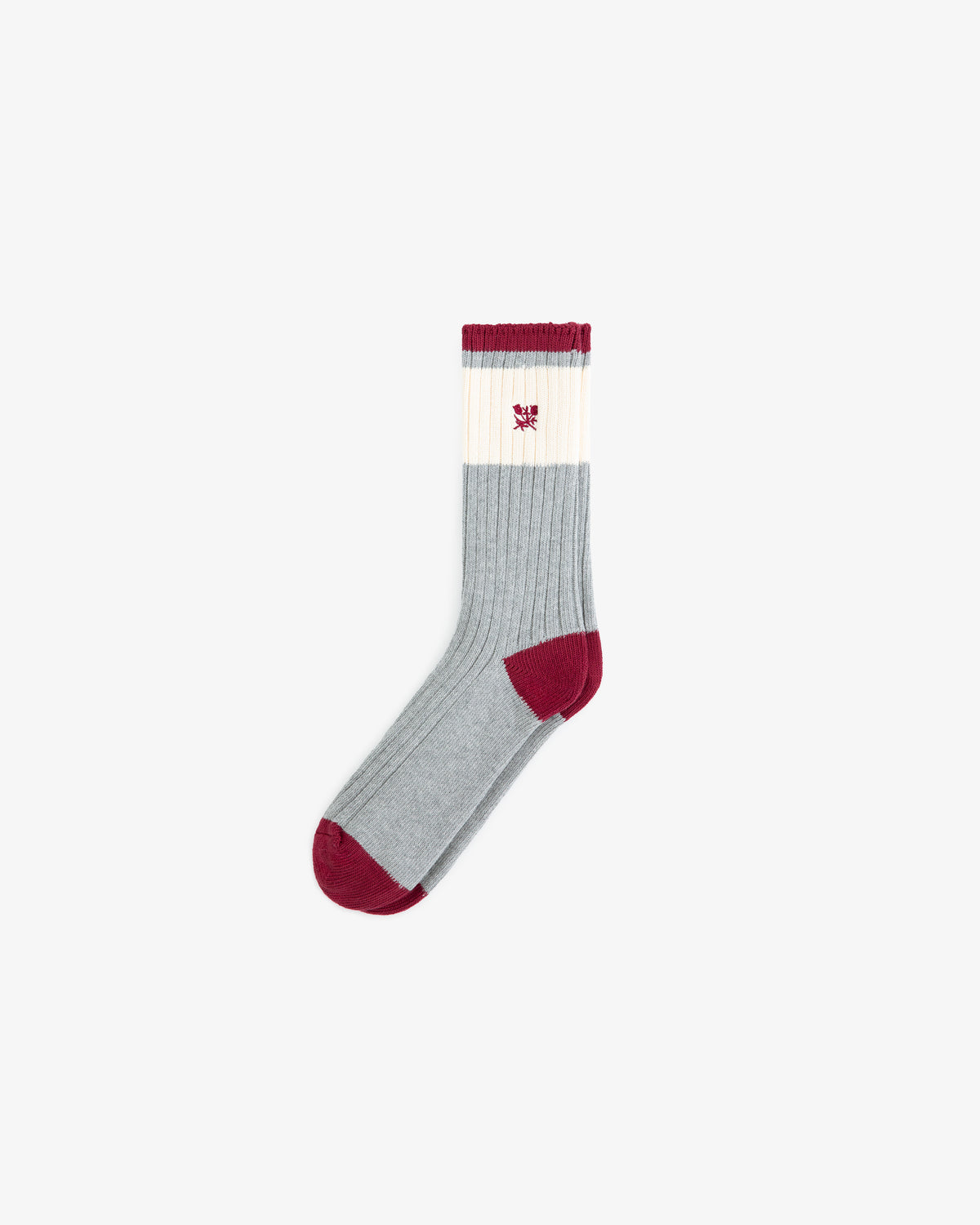 Marled Crest Socks: Gray ribbed sock with burgundy accents and a white band featuring a small red emblem.