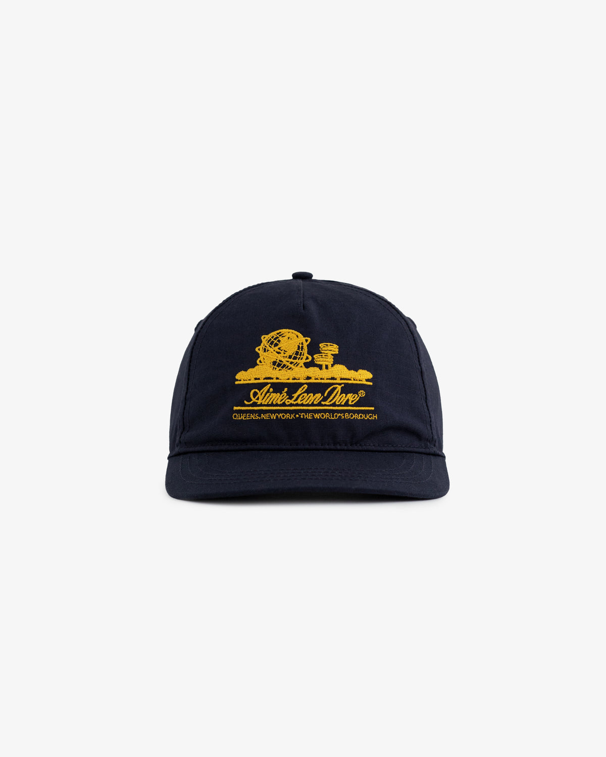 Unisphere Hat in navy with a yellow embroidered globe and Aimé Leon Dore text on the front.