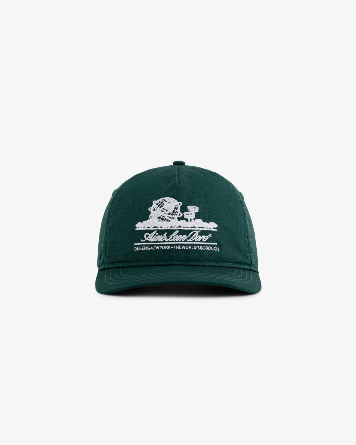 Unisphere Hat: green baseball cap with white embroidered design and text on front, shown on white background.
