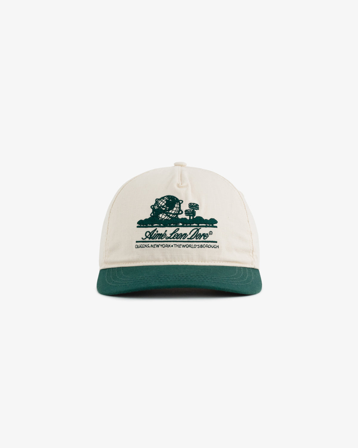 The Unisphere Hat is a cream and green baseball cap with graphic and text on the front panel.