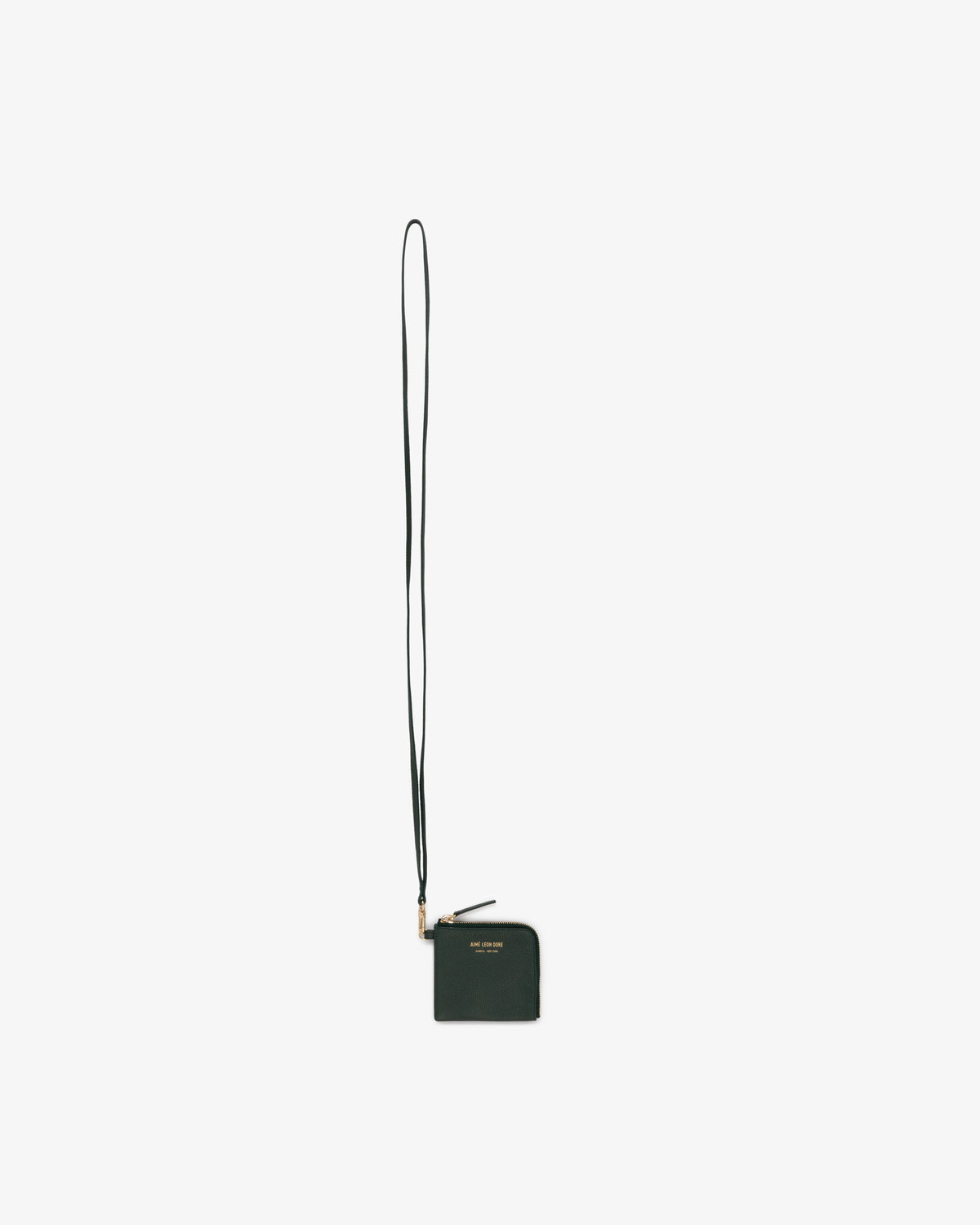 Leather Zip Wallet in black with zipper and long strap, shown on a plain white background.