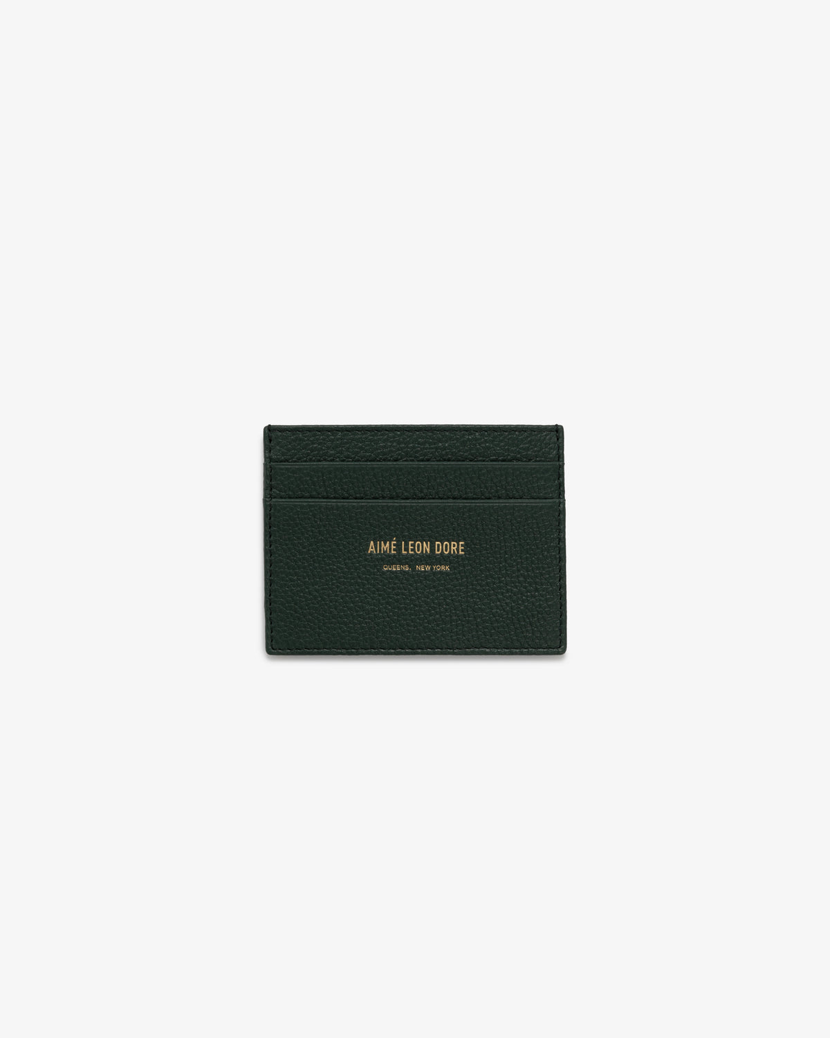Leather Card Holder in dark green with gold AIMÉ LEON DORE text and two card slots, shown on a white background.