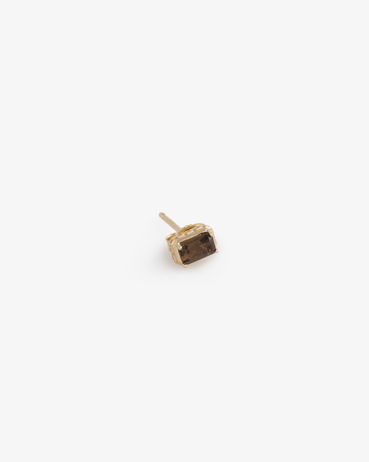 A 14Kt gold stud earring featuring a rectangular smoky quartz on a plain white background.