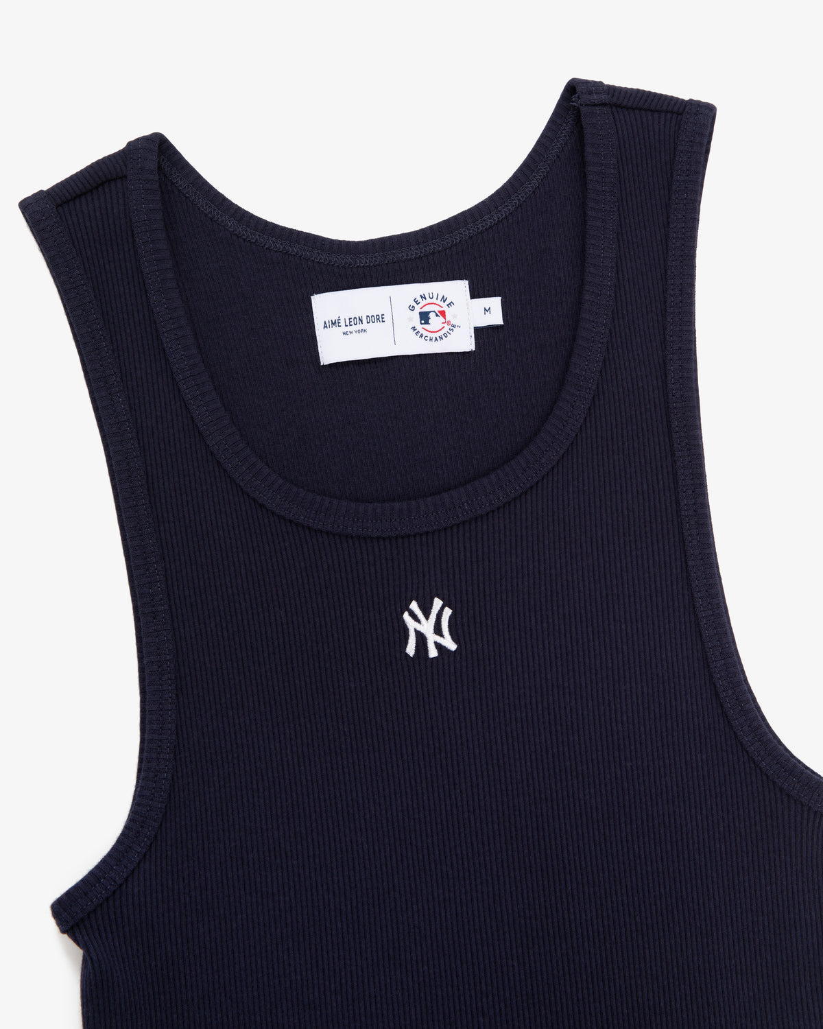 Navy Yankees Tank Top with white logo and label featuring Aimé Leon Dore and MLB branding.