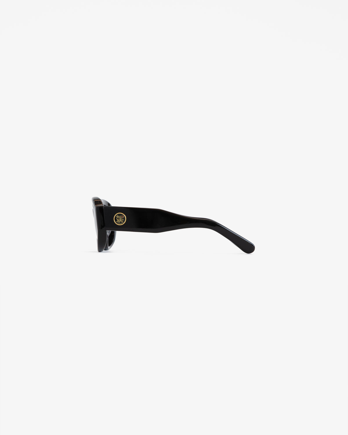 Jackie O Sunglasses in black, side view with gold emblem on the arm, set against a plain white background.