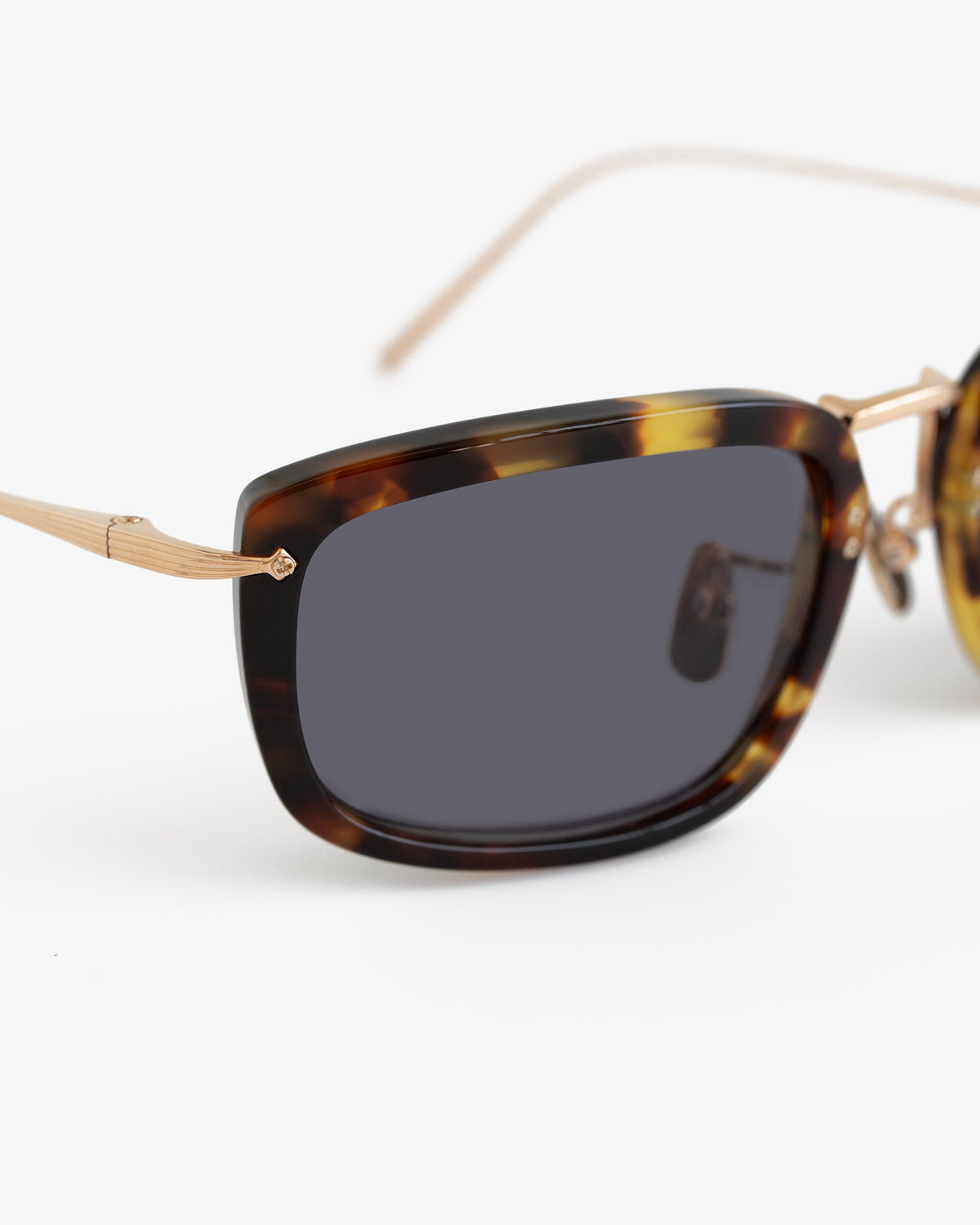 Close-up of Ace Sunglasses: tortoiseshell frames, gold metal arms, and dark lenses against a white background.