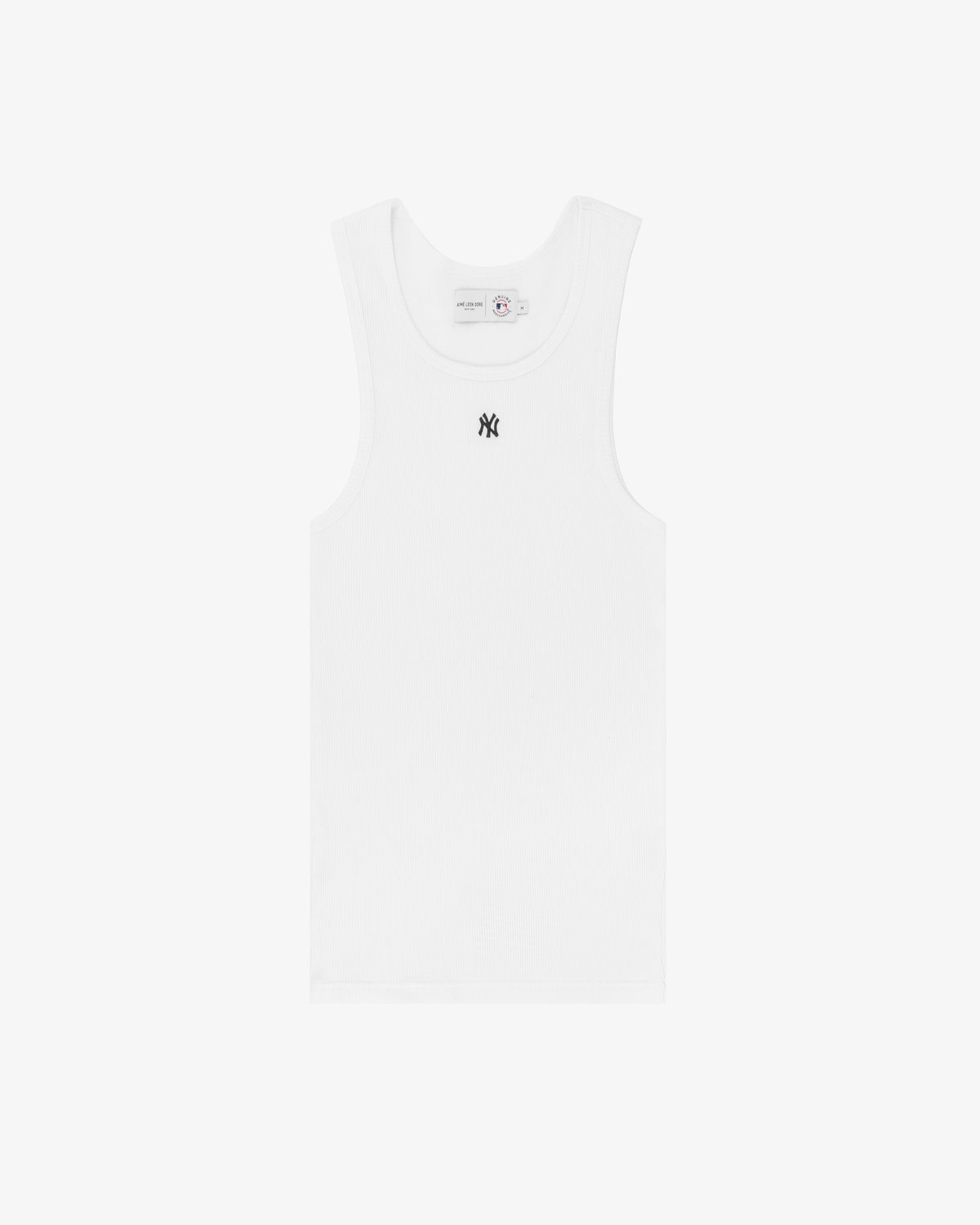 Yankees Tank Top: white sleeveless shirt with a small black NY logo on the chest, shown on a plain white background.