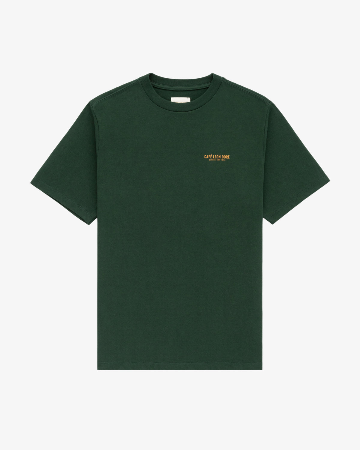 Dark green Café Leon Dore Logo Tee with small yellow left chest text.