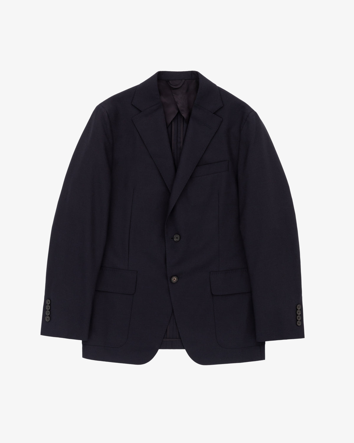 Tropical Wool Suit Jacket in dark navy with two buttons, notch lapel, and three front pockets on white background.