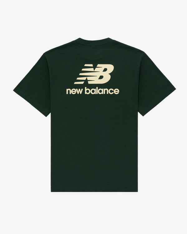 Dark green Testing Bucket Hat with a large cream New Balance logo and text printed on the back.
