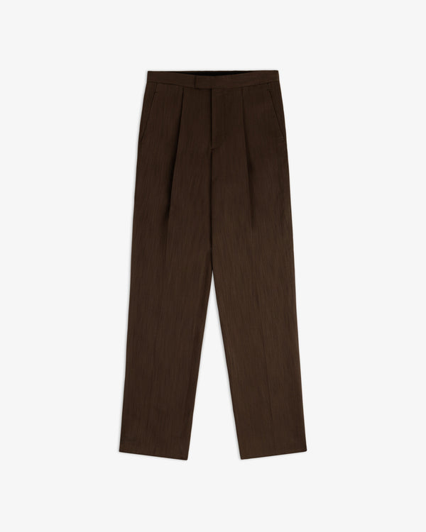 Linen Blend Suit Trouser in brown with straight-leg cut, front pleats, and side pockets on white background.