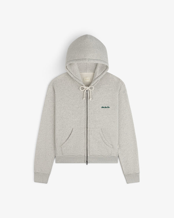 Light gray Script Full Zip Hoodie with a hood, drawstring, and embroidered script text on the chest.