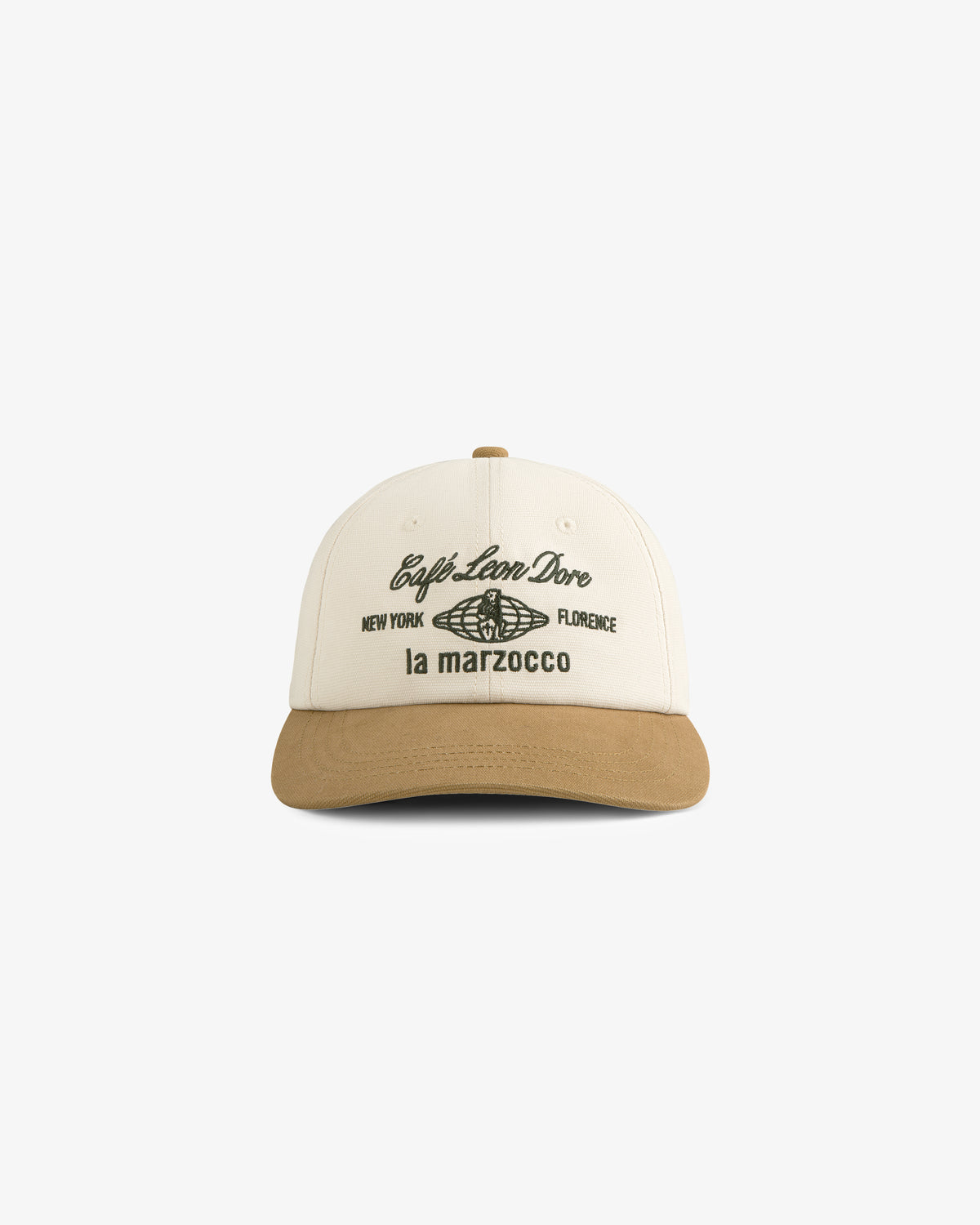 Beige and tan Café Leon Dore / La Marzocco Hat featuring both logos printed on the front.