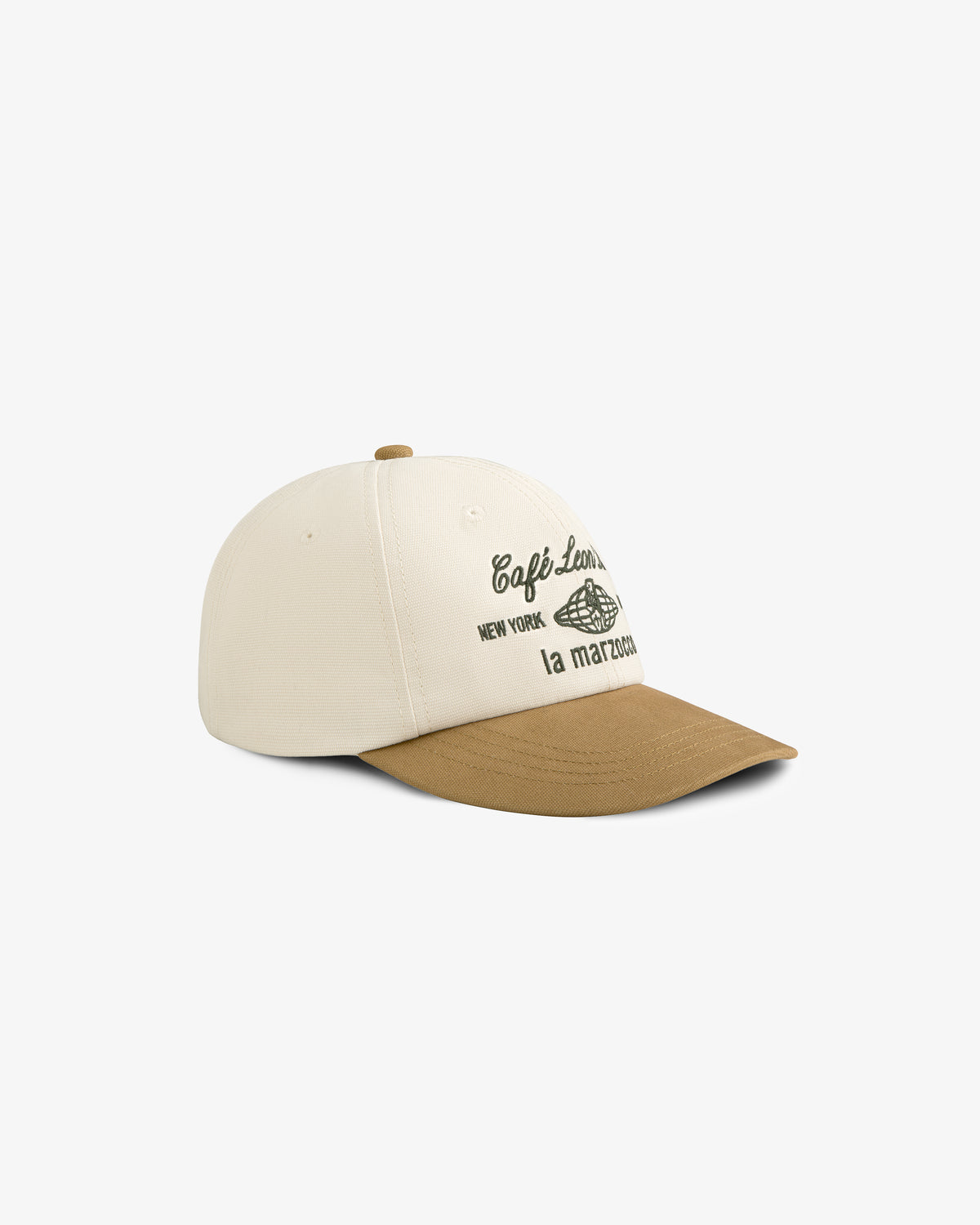 Beige and brown Café Leon Dore / La Marzocco hat with coffee cup graphic and “Café Leon New York la marzocco” text.