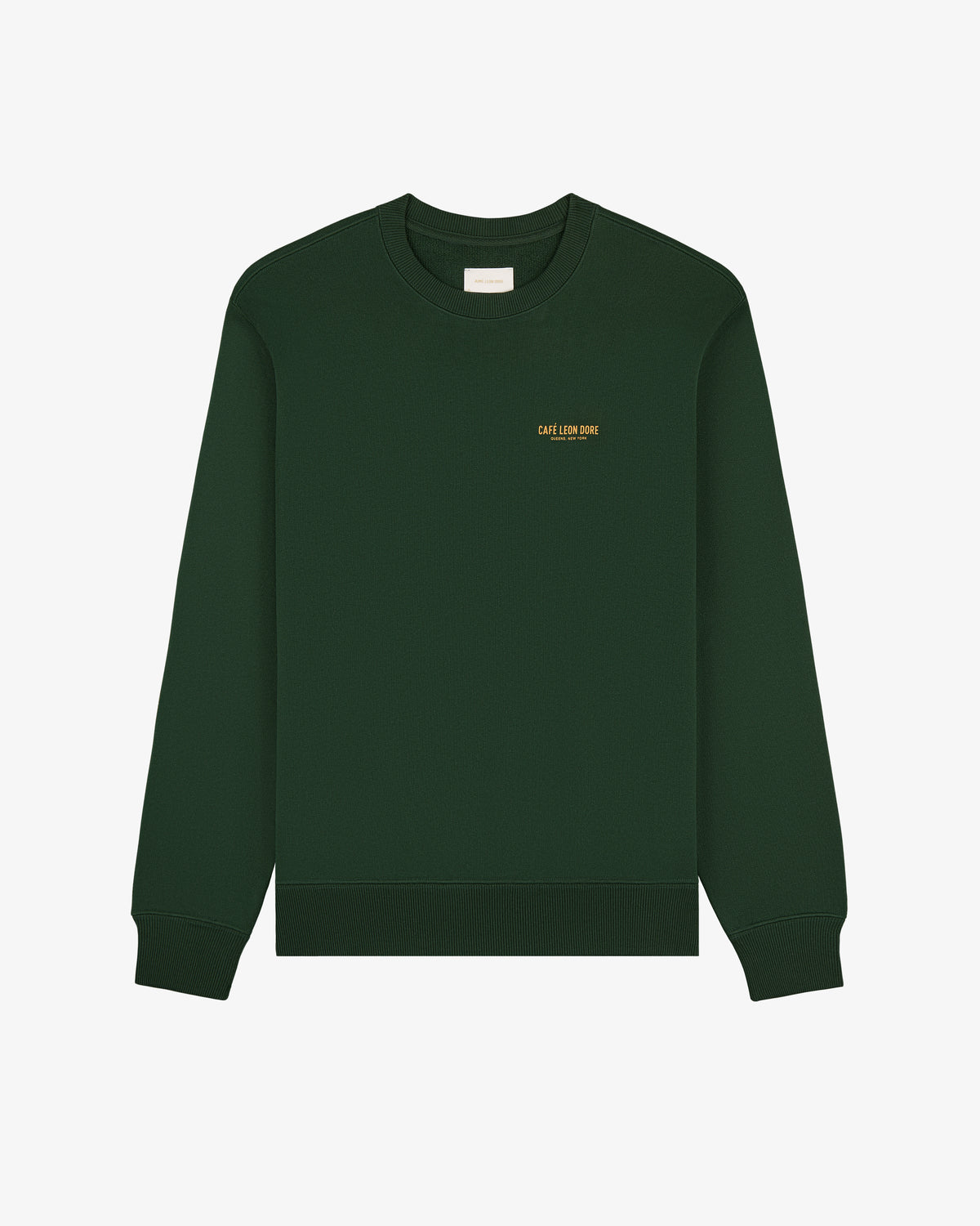 Café Leon Dore Crewneck Sweatshirt in dark green with small yellow chest text, shown on a white background.