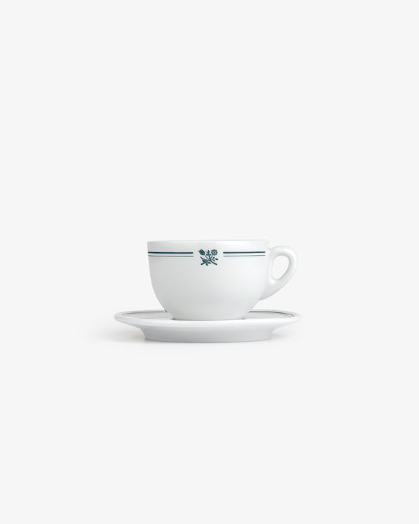 Café Leon Dore Cappuccino Cup & Saucer set of 6, white porcelain with green lines and eagle crest on saucers.