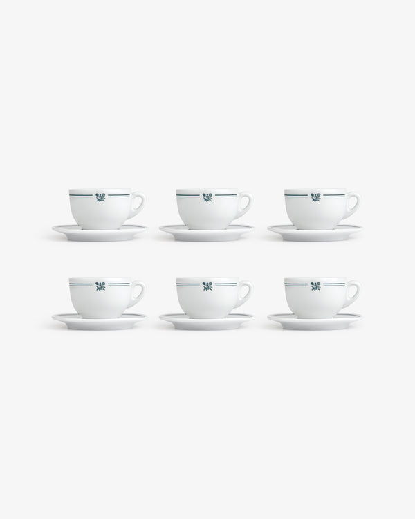 Six Café Leon Dore Cappuccino Cups & Saucers (set of 6), white with blue, in two rows on a white background.
