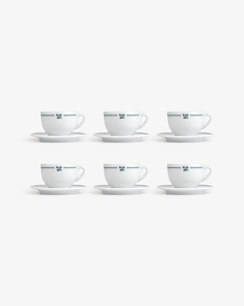 Six Café Leon Dore Cappuccino Cups & Saucers (set of 6), white with blue, in two rows on a white background.