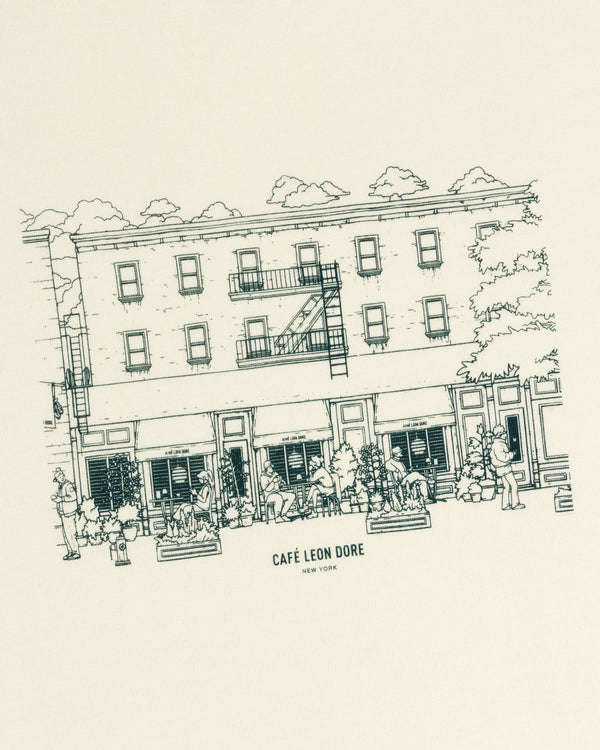 Line art of Café Leon Dore, NYC, with outdoor diners, features on the Café Leon Dore Storefront Tee.