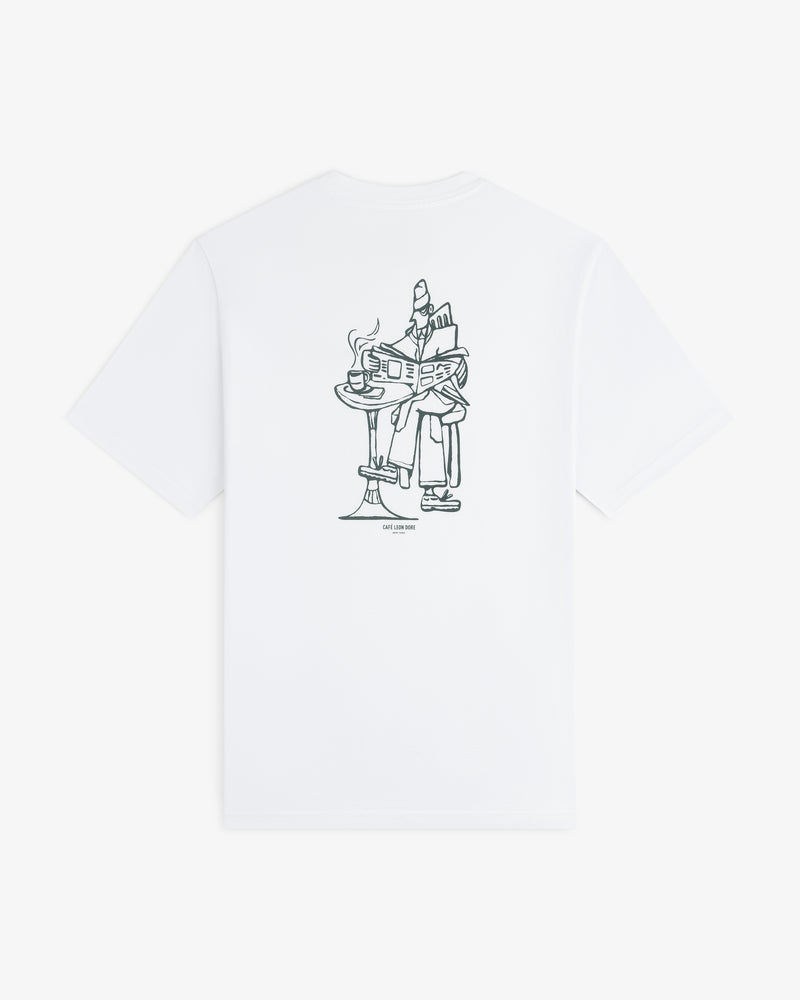 Café Leon Dore Caricature Tee: White T-shirt featuring a line art of a person reading with coffee on the back.