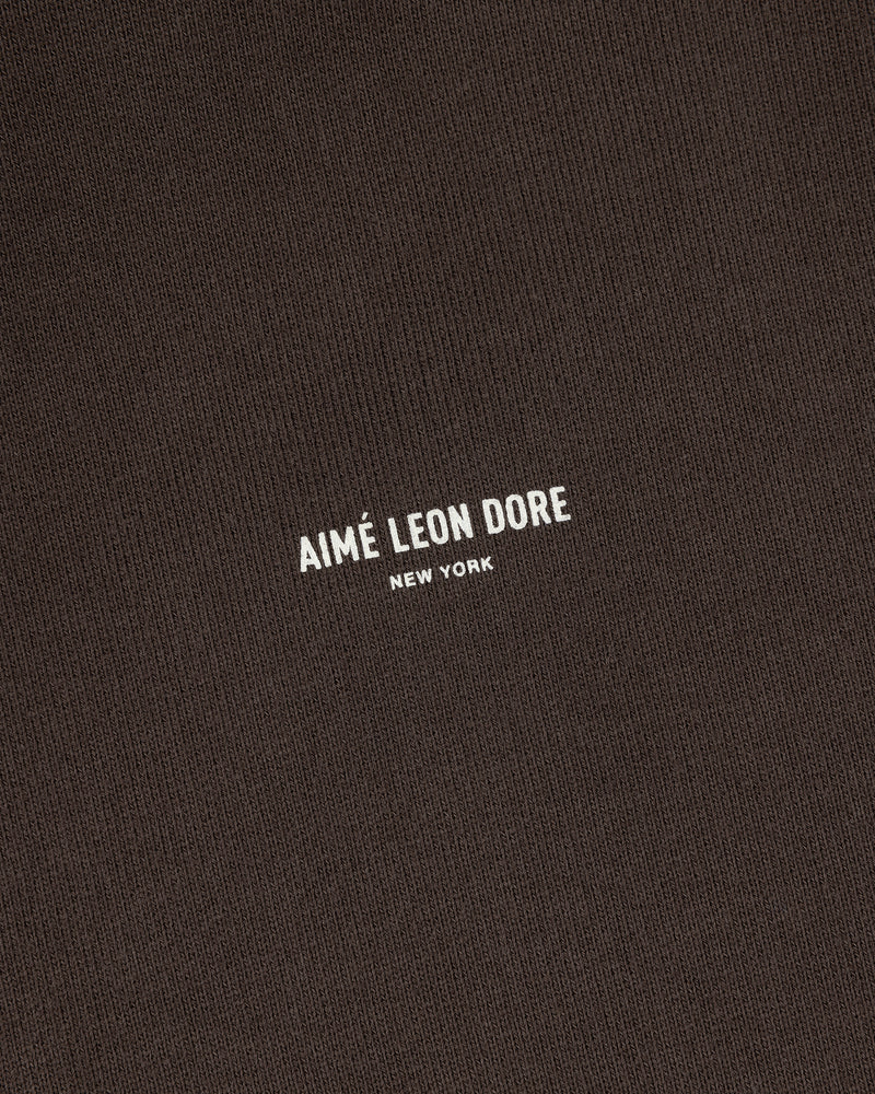 Brown Micro Logo Hoodie with AIMÉ LEON DORE NEW YORK in small white capital letters centered on the front.