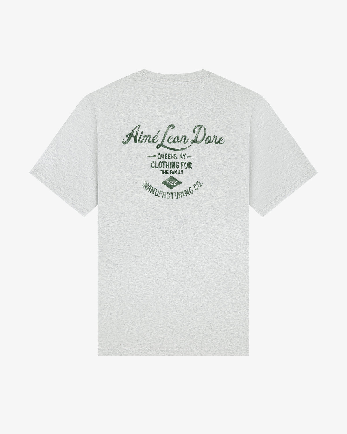 Light gray General Store Pocket Tee with green "Aimé Leon Dore, Queens, NY, Clothing for the Family" text on back.